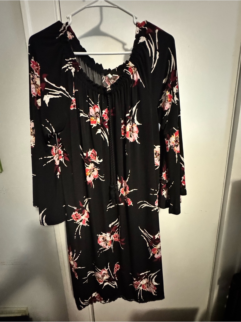 Cato Black Long Sleeve Floral Tunic Dress - Pink & White Accents